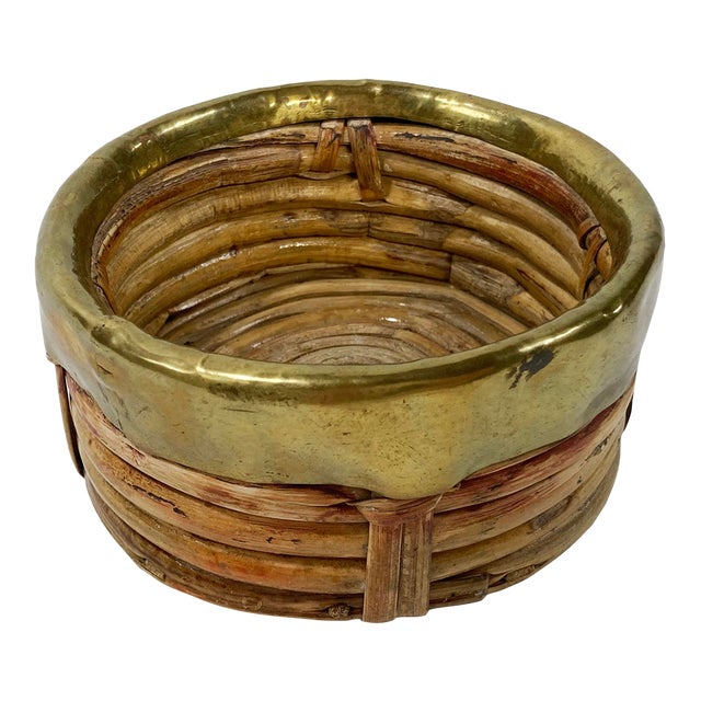 Vintage Italian Crespi Style Rattan and Brass Rim Wine Coaster For Sale