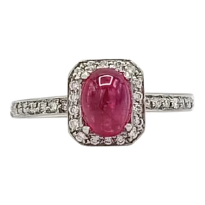 Ruby Oval Cabochon & Diamond Ring in Platinum Size 6.5