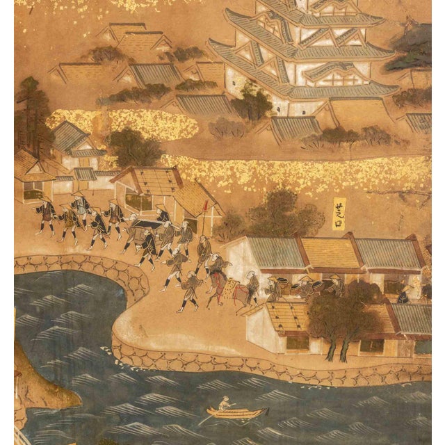 Paper Japanese Village Landscape Scene Byobu Screen, 19th Century For Sale - Image 7 of 13