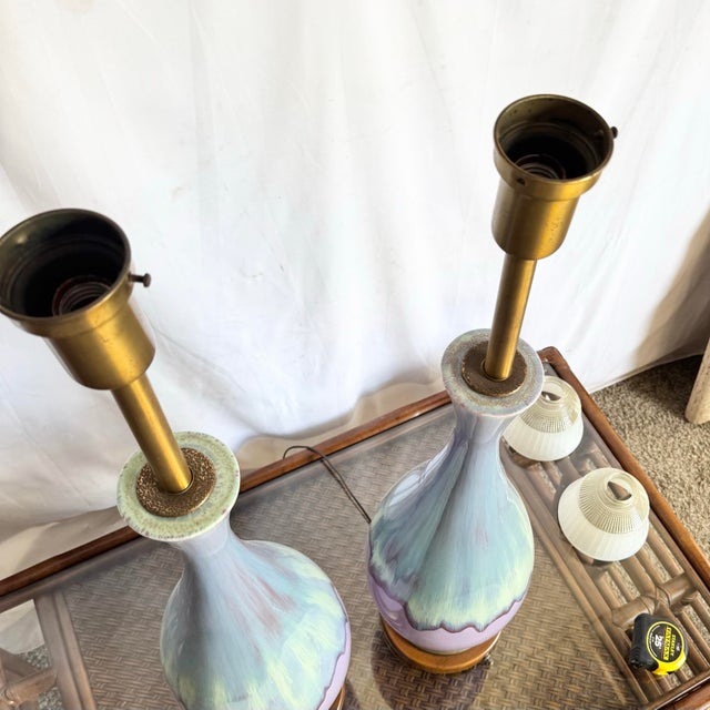 Wood Mid Century Modern Lilac and Sky Blue Glazed Ceramic Table Lamps - A Pair For Sale - Image 7 of 10
