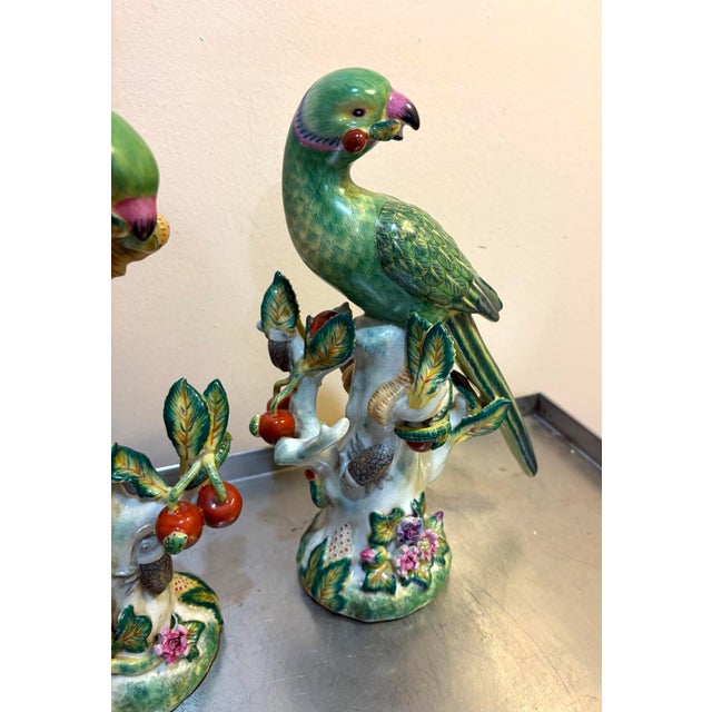 Stunning Wong Lee style green ceramic parrot figurines/statues; set of two. Excellent condition.
