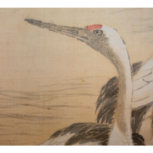 Meiji Era "Cranes and the Sun", Japanese Silk Scroll Painting For Sale - Image 9 of 18