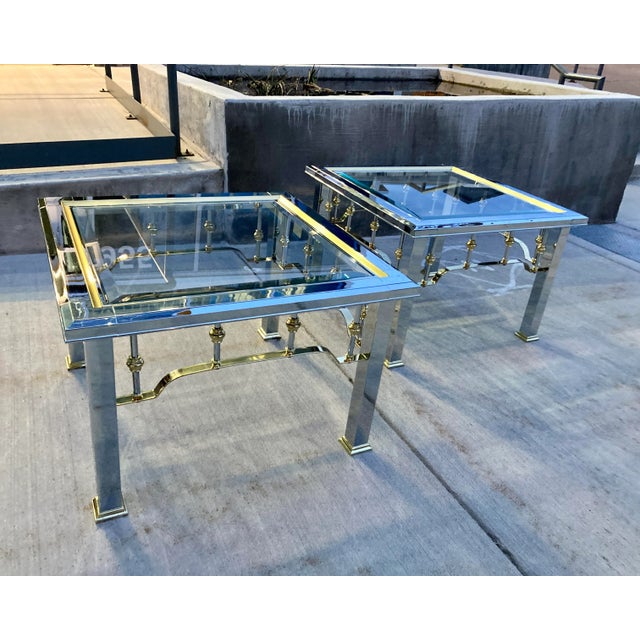 Vintage pair of chrome, brass, and beveled glass in-set top side, end tables, or nightstands, in Erwin Lambeth fireplace...