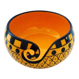 Boho Chic Handcrafted Curry Yellow Ceramic Yarn Bowl For Sale