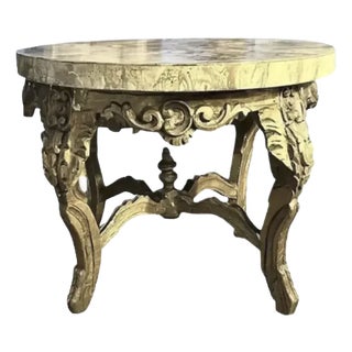 Antique Gilt Wood French Style Round Center Table With Faux Marble Wood Top For Sale