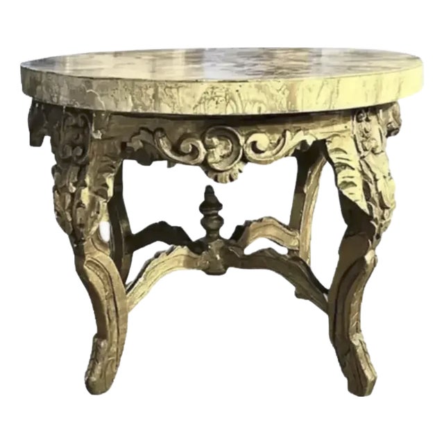 Antique Gilt Wood French Style Round Center Table With Faux Marble Wood Top For Sale