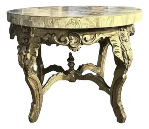 Antique Gilt Wood French Style Round Center Table With Faux Marble Wood Top