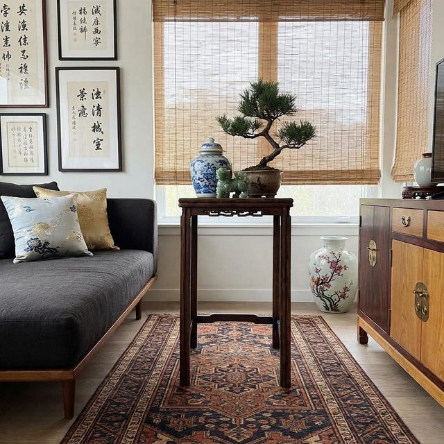 1970s Vintage Oriental Simple Geometric Apron Rectangular Brown Side Table For Sale - Image 5 of 9