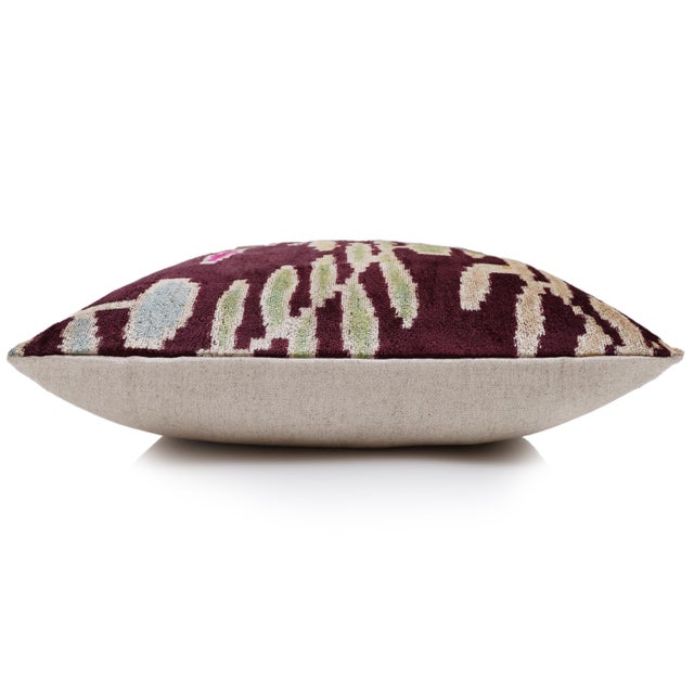 2020s Luxury Handwoven Silk Velvet Ikat Pillow 20x20 Inch – Burgundy & Soft Pastel For Sale - Image 5 of 8