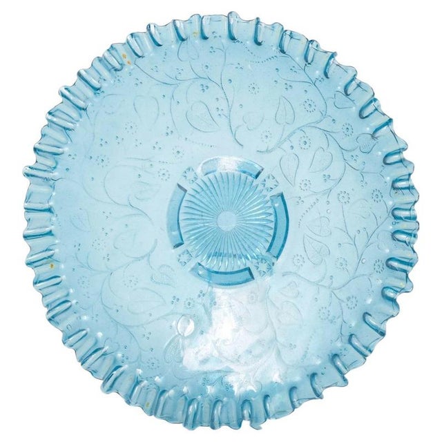 2000 - 2009 Light Early 20th Century Blue Glass Dish with Ruffled Edge and Floral Pattern For Sale - Image 5 of 5