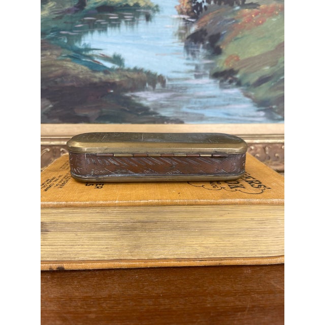Folk Art 18th Century Likely Dutch Brass and Copper Toned Snuff or Tobacco Box With Engraved Figural Scenes and Script. For Sale - Image 3 of 8