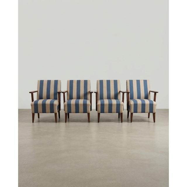 1950s Vintage Hungarian Lounge Chairs in Blue and Cream Striped Fabric with Wooden Frames, 1950s, Set of 4 For Sale - Image 5 of 6