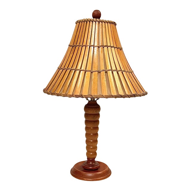 Vintage Mid Century Bamboo Shade Turned Wood Table Lamp For Sale