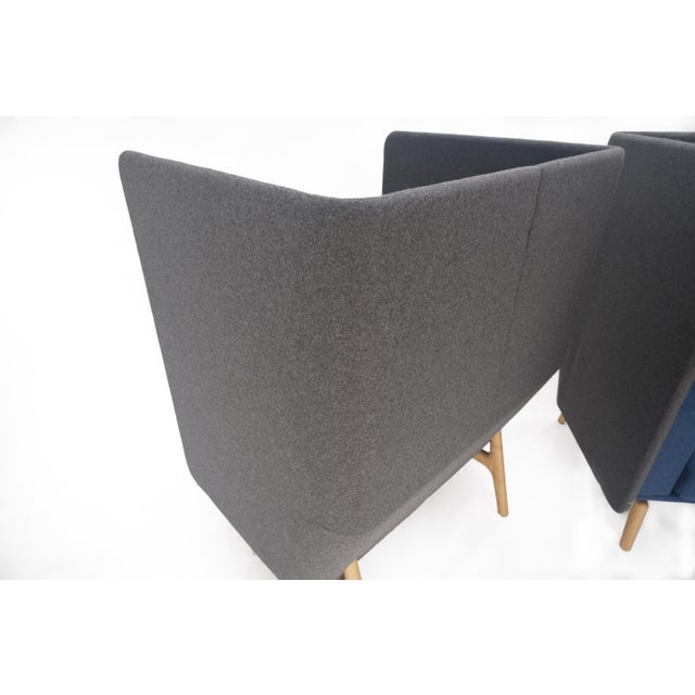 Wood Mid Century Modern Wingback Lounge Chairs Blue Grey Wool Upholstery - A Pair For Sale - Image 7 of 12