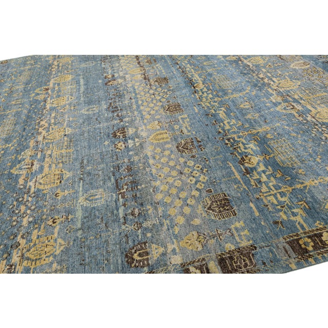 Modern Transitional Khotan Style Blue Wool Area Rug 12x15 For Sale - Image 10 of 11