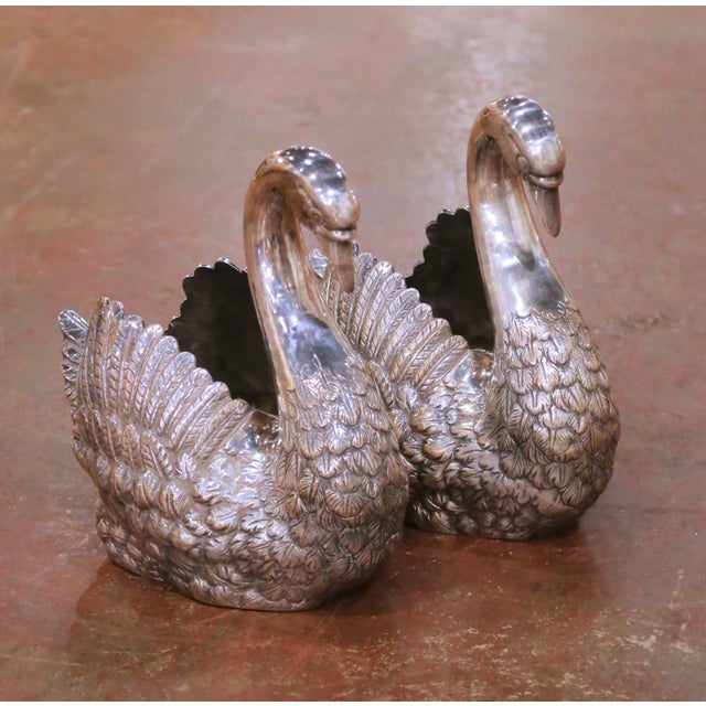 Decorate a console, dining table, or bar with this elegant pair of antique French swan planters, crafted circa 1960....