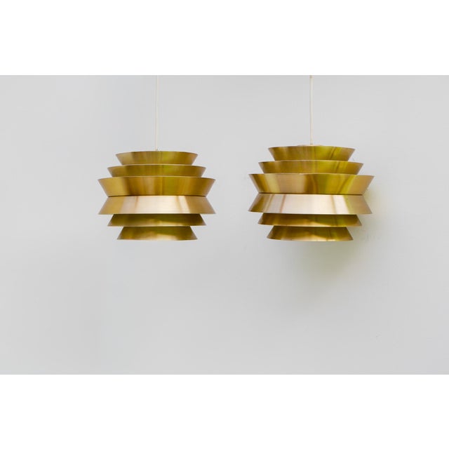 Brass Colored Metal Pendant Trava Lamps by Carl Thore, Sweden from Granhaga Metallindustri, 1960s, Set of 2 For Sale - Image 14 of 14
