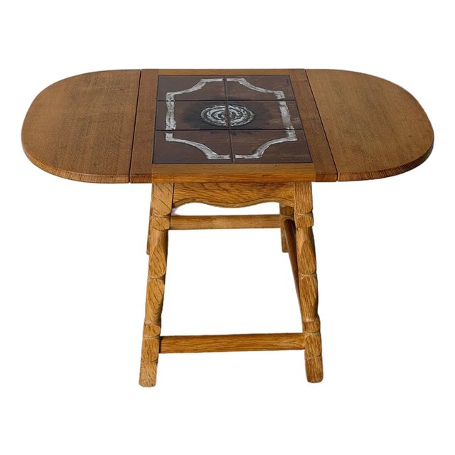 Oak Tile Top Drop-Leaf Folding End Table Danish Mid-Century Modern 1970s For Sale