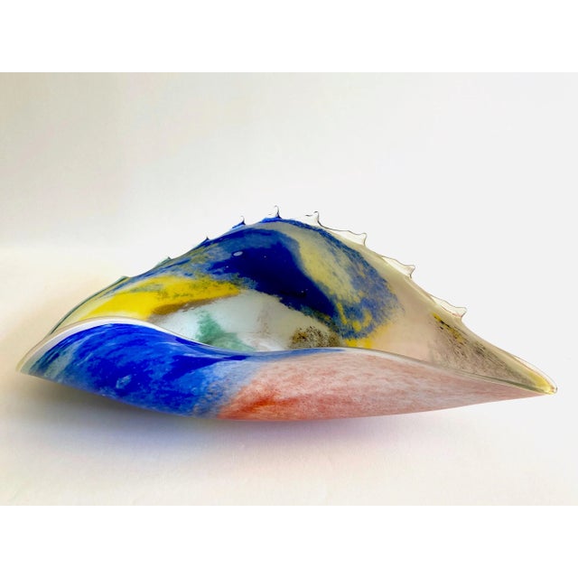 This rare vintage 1980's Post Modern hand blown studio art glass multicolor Abstract sculptural shell large centerpiece...