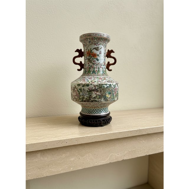 Large 18" Chinese Famille Rose Porcelain Vase With Dragon Handles & Peacocks For Sale - Image 4 of 12