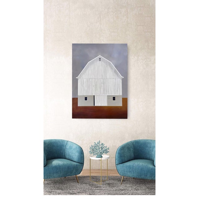 Textile So Many Stories to Tell by Justin Wheatley | Acrylic on Canvas White Barn With Rust Field For Sale - Image 7 of 10