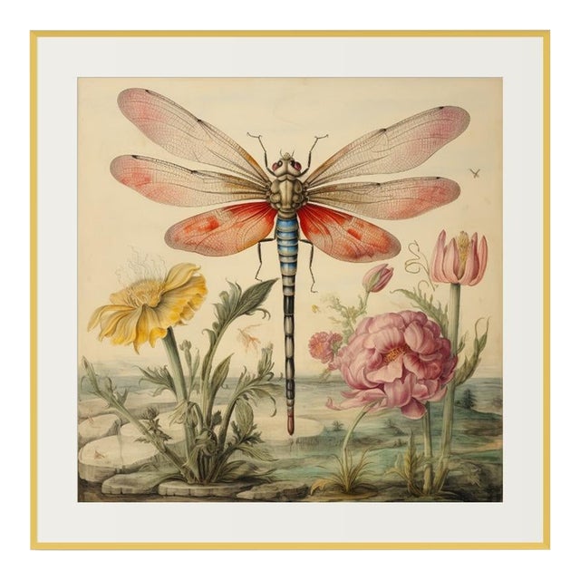 24' X 24' - 'Dragonfly and Flowers' # 1 - Original Botanical Print in High-End Custom Gilt Wood Frame - Hortus Floridus Style For Sale