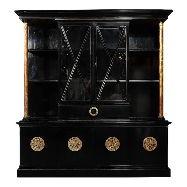 Rare James Mont Cabinet in Black Lacquer W/ Gilt Carved Handles For Sale
