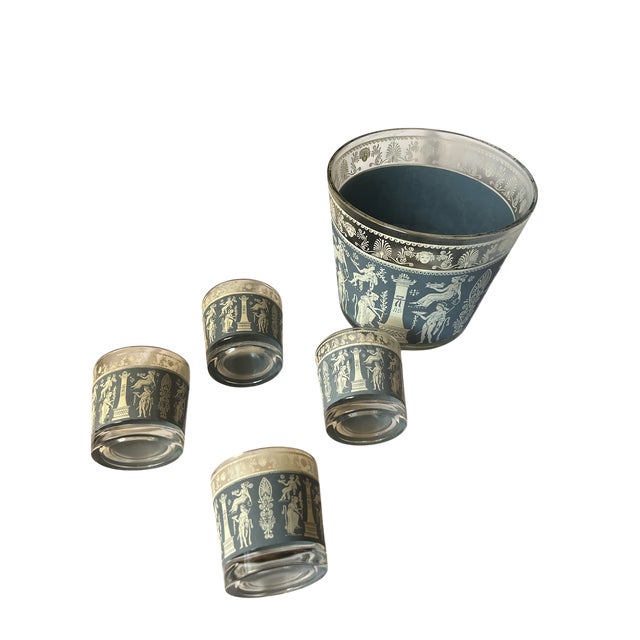 Neoclassical Vintage Jeannette Glass “Corinthian Blue” Neoclassical Cocktail Set – Ice Bucket & Glasses For Sale - Image 3 of 6