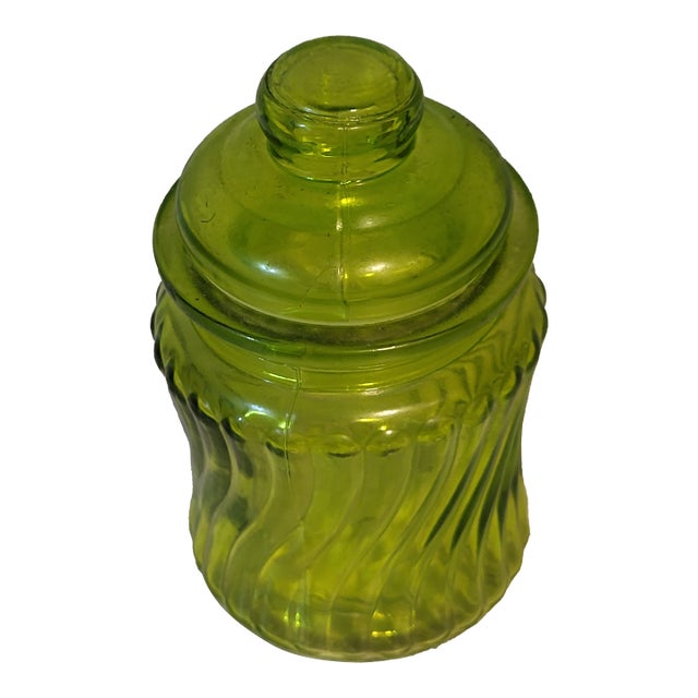 Vintage Green Glass Apothecary Jar With Optic Swirl For Sale