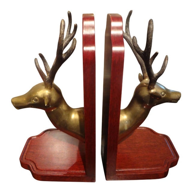 Vintage Brass and Wood Stag Bookends-A Pair For Sale