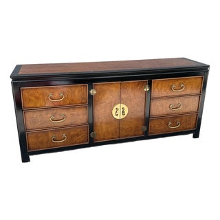 Vintage Chinoiserie Burlwood and Black Dresser by Wayside For Sale