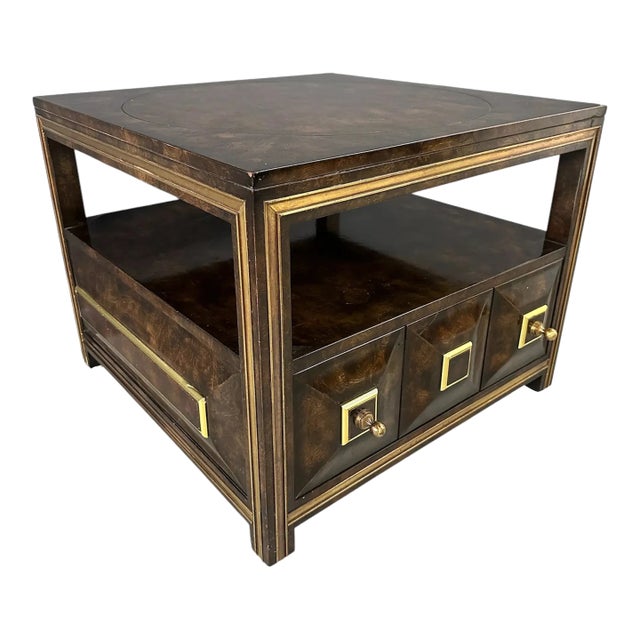 1970s Mastercraft Burl Elm & Brass End Table or Night Stand W/Drawer For Sale