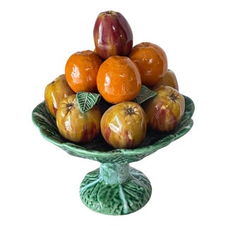 Mid-Century Ceramic Fruit Basket Hand-Painted Green & White Bowl, 1960s For Sale