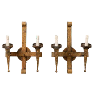 French Torch Style Gilt Hammered Iron Sconces With Scroll at Top - a Pair