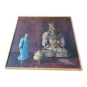 1950s Mid Century Modern Hollywood Regency Chinese Figural Painting, Framed