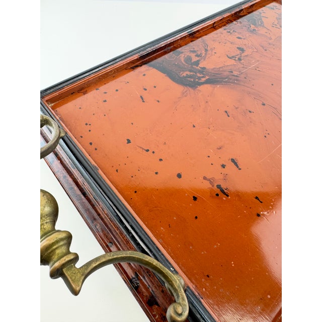 Vintage Italian Faux Tortoiseshell Lacquered Wood Serving Tray With Brass Handles For Sale - Image 9 of 13