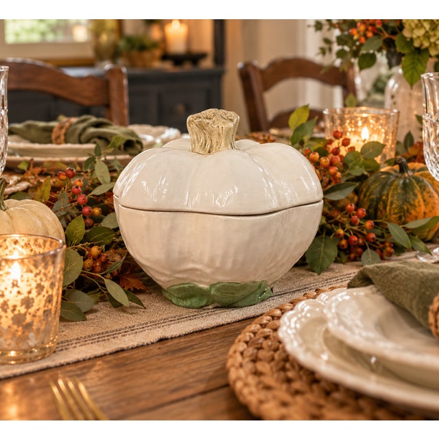Charming vintage VIETRI covered ceramic bowl, handmade in Italy in the form of a white pumpkin. This beautifully sculpted...