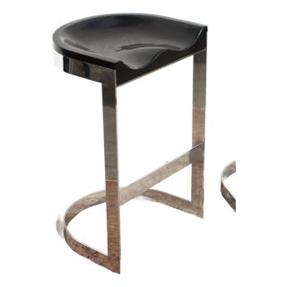 1970s Pair of Warren Bacon Oak and Chrome Stools Stained Black For Sale