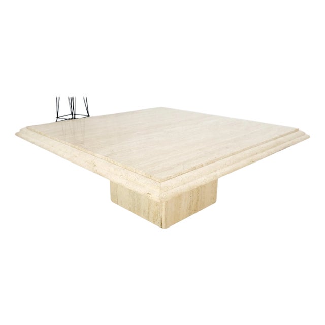 Large 42" Square Single Pedestal Base Italian Mid Century Travertine Table For Sale