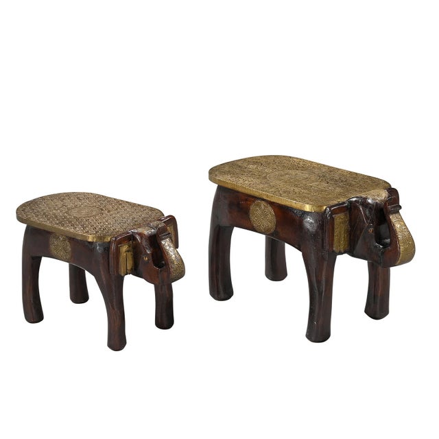 Boho Chic 1960s Hand Carved Elephant Footstools Set of 2 | Hammered Brass Inlay Mango Wood Bench | Unique Indian Animal Ottoman | Living Room Accent Table For Sale - Image 3 of 4