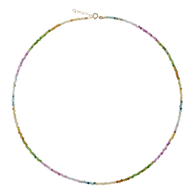 Tiny Rainbow Tourmaline Necklace 14k Gold For Sale