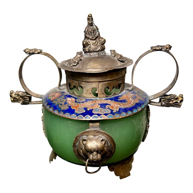 19th Century Chinese Silver, Jade & Cloisonne Censer For Sale