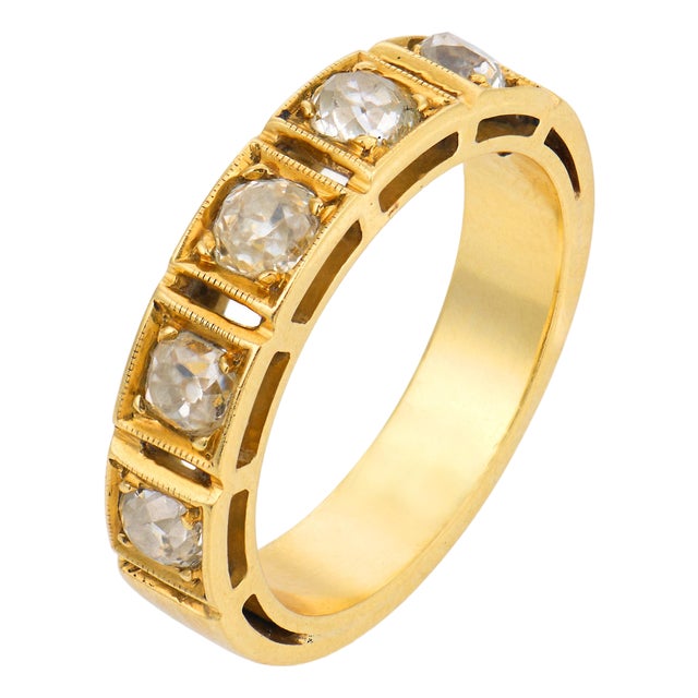 Vintage Old Mine Cut Diamond Five Stone 18k Yellow Gold Band, Size 6 For Sale