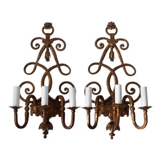 Vintage Italian Florentine Style Gold Finished Scrolling Arms Electric Wall Sconces- A Pair For Sale