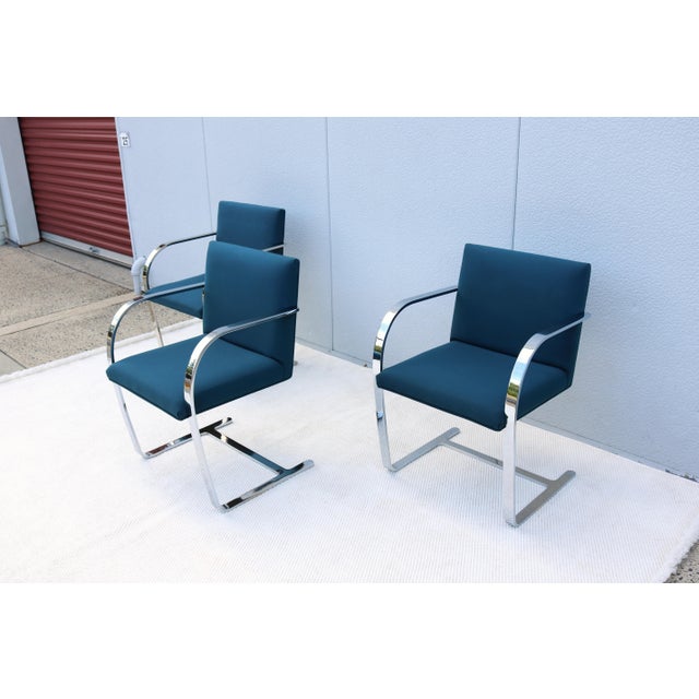 2000 - 2009 Ludwig Mies Van Der Rohe Brno Flat Bar Chairs in Blue Fabric by Gordon, Set of 3 For Sale - Image 5 of 18