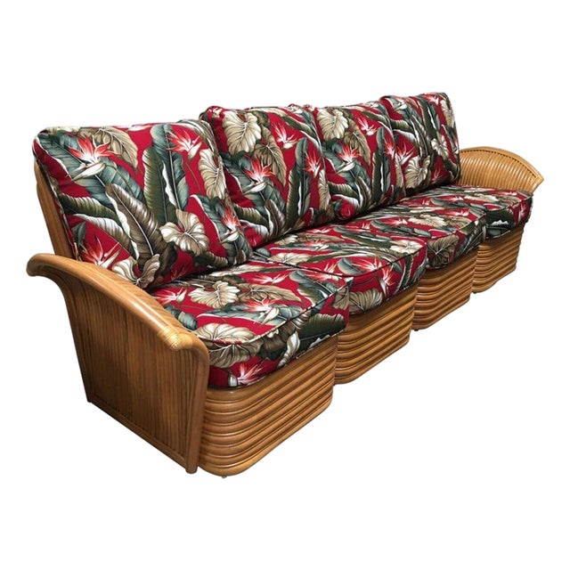 Restored Art Deco Style Rattan Fan Arm Four-Seat Sectional Sofa For Sale