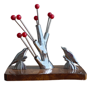 Art Deco Chrome and Wood Bird Appetizer Pick Holder, France, 1930s