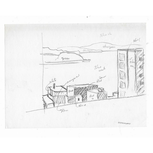 Robert Herrmann (1922-1996) drawing for a painting from downtown Seattle over the Puget Sound toward West Seattle. Signed...