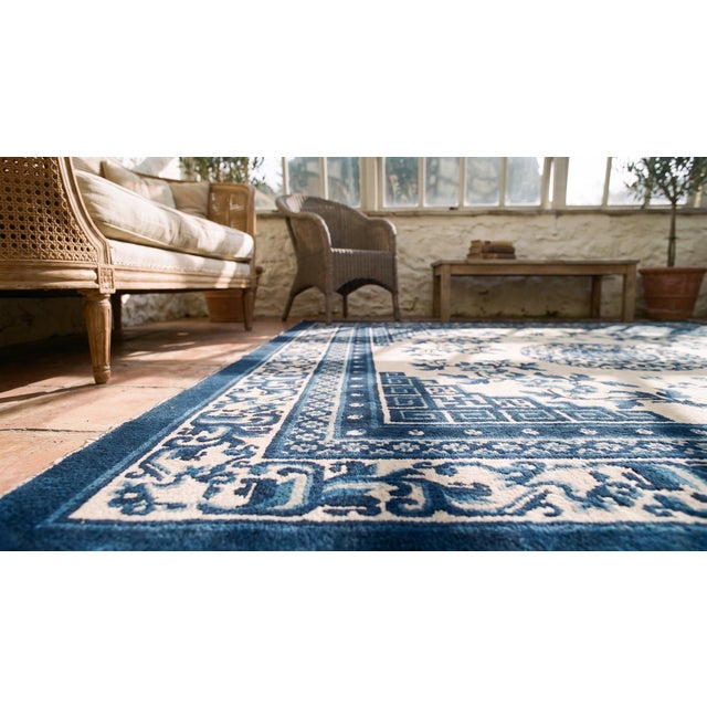 Sensational Floral-Medallion on a Ivory Background and Blue Border Antique Chinese Ningxia Rug For Sale - Image 10 of 10