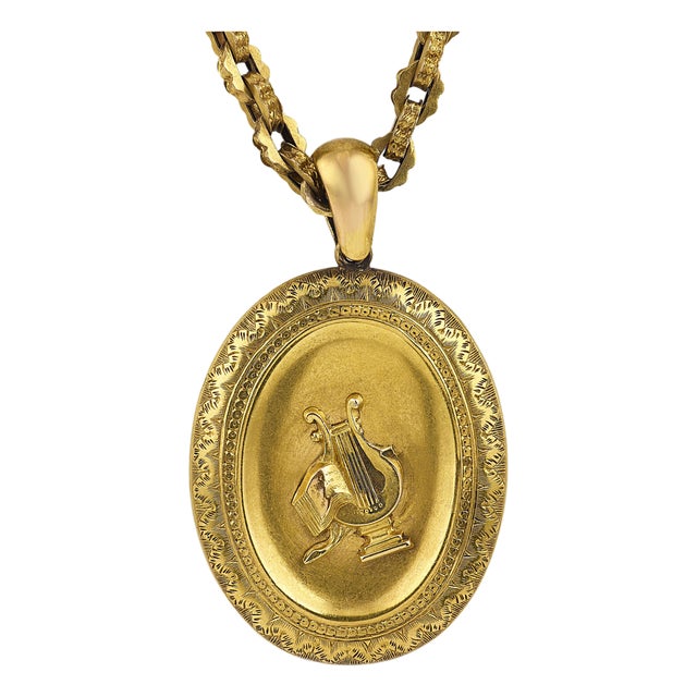 Early 20th Century Victorian 18k Yellow Gold Lyre Necklace For Sale